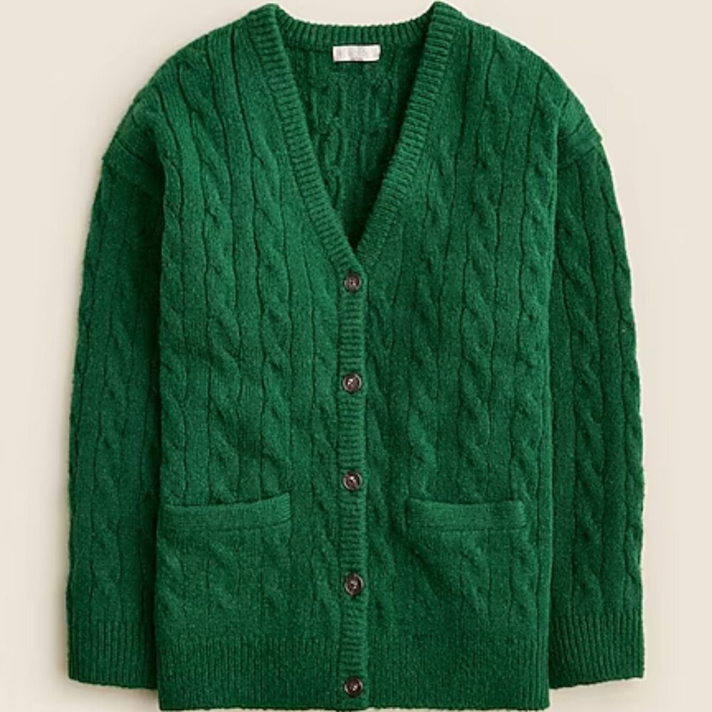 NEW W/TAG -- J. Crew Relaxed Cable-Knit Cardigan in GREEN